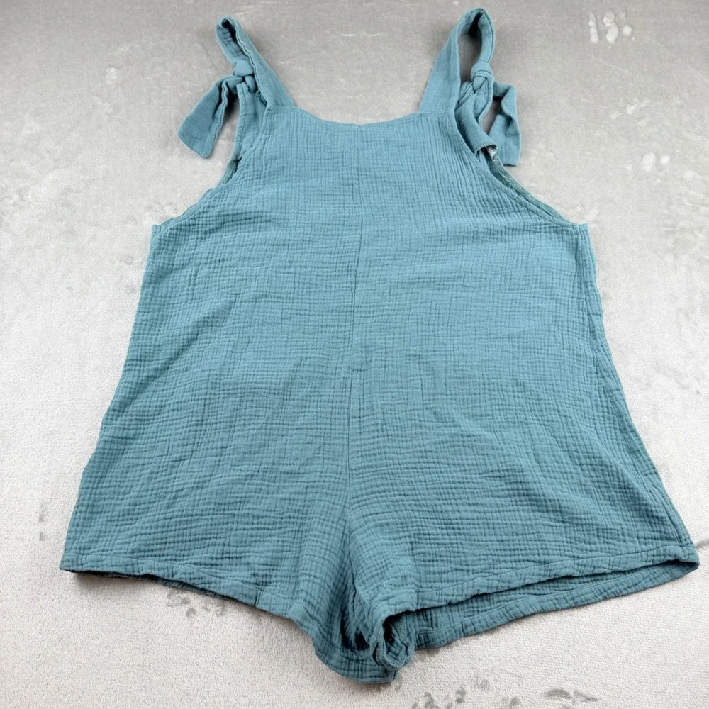 Women's Small Teal Blue Cotton Gauze Romper Tie Shoulder Pocket Jumpsuit